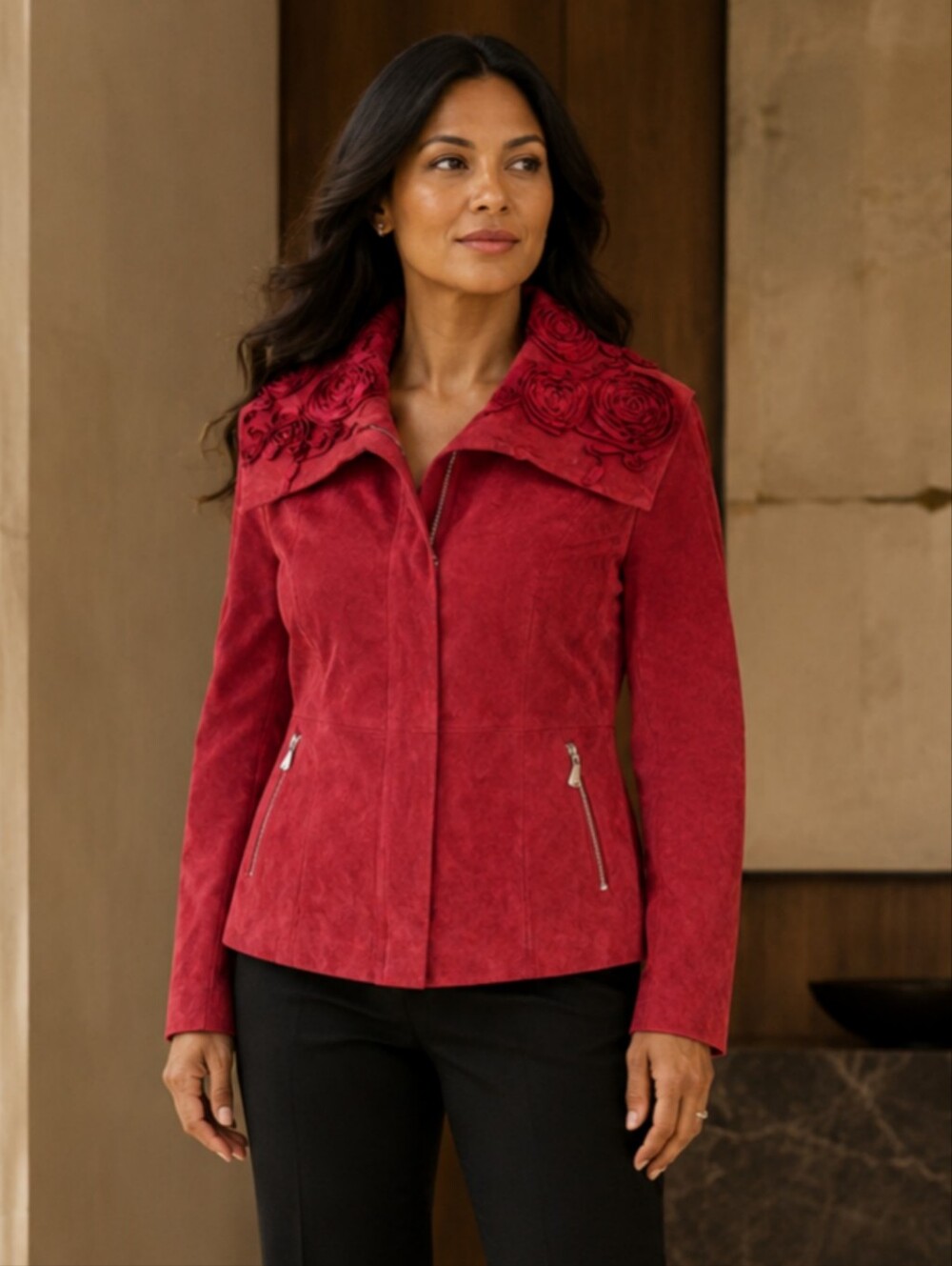 Vintage Pamela McCoy Red Suede Rose Collar Leather Jacket M